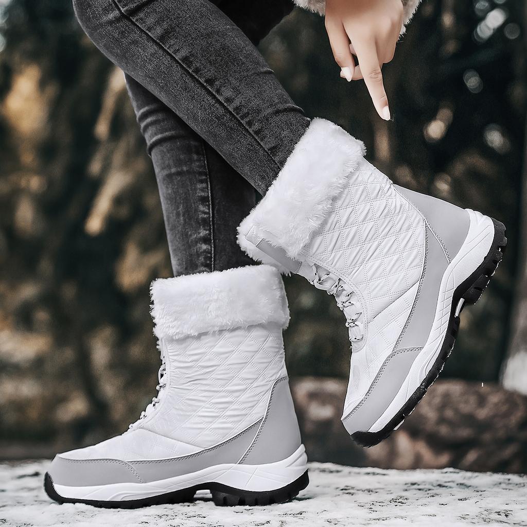 Waterproof snow boots medium tube front zipper large size cold-proof warm cotton boots velvet outdoor winter shoes