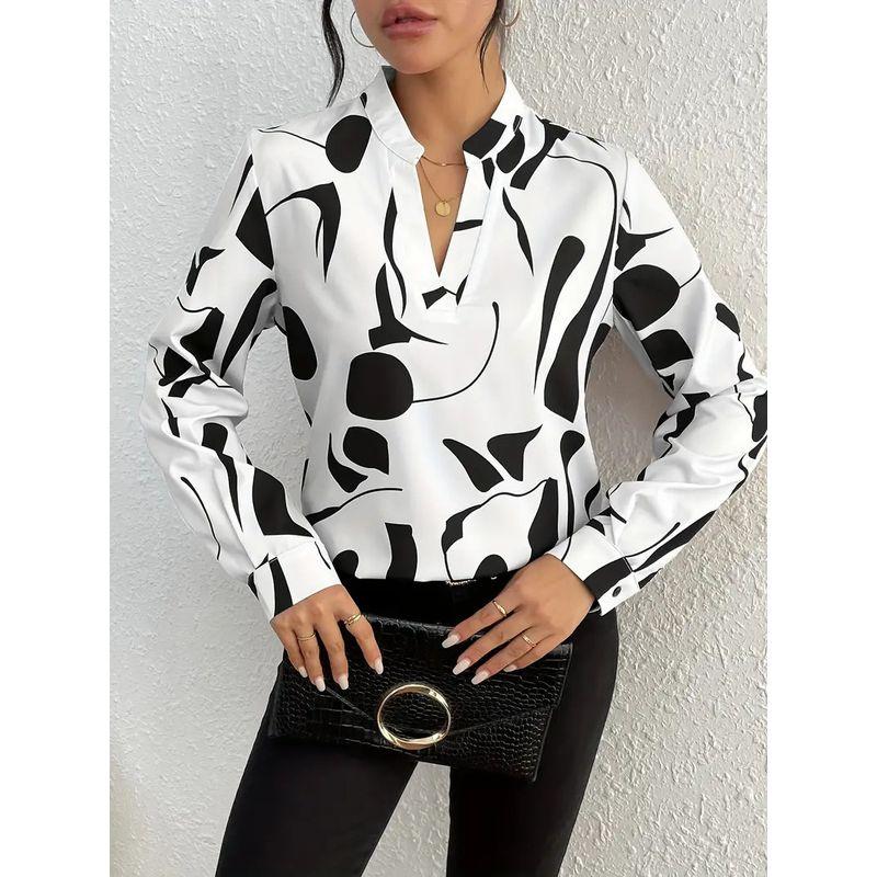 

Cross-Border Autumn New Western Style Fashion Commuter Ol Print V-neck Loose Long sleeve Shirts Top Bottoming Shirt Women White S