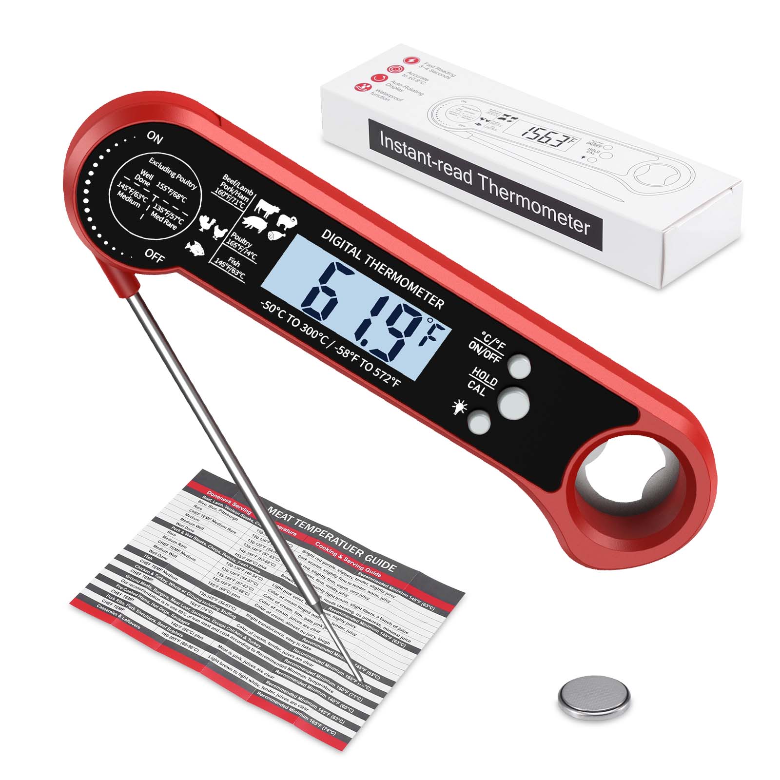 ORIA Digital Meat Thermometer Instant Read Cooking Thermometer with LCD Backlight Kitchen Oven BBQ Thermometer красный