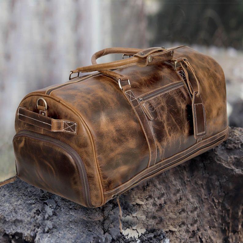 Mens Travel Bag Full Grain Leather Duffle Bag With Shoe Compartment Personalized Weekend Luggage Bag Christmas Gift Carry on Cabin Bag
