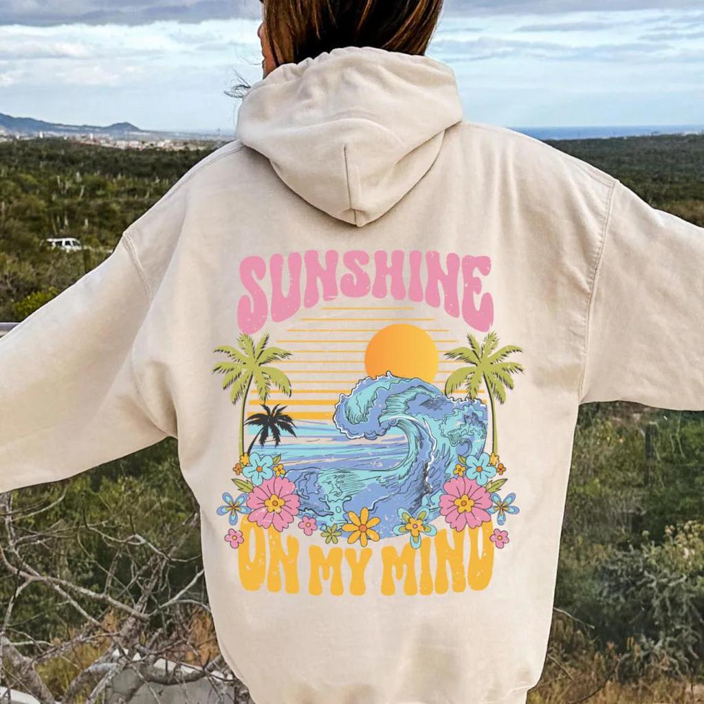 2025 Popular Fashion Hooded Sweater Ins Women's Shoulder Sleeves Fashion Sunshine Wave Sweater Print
