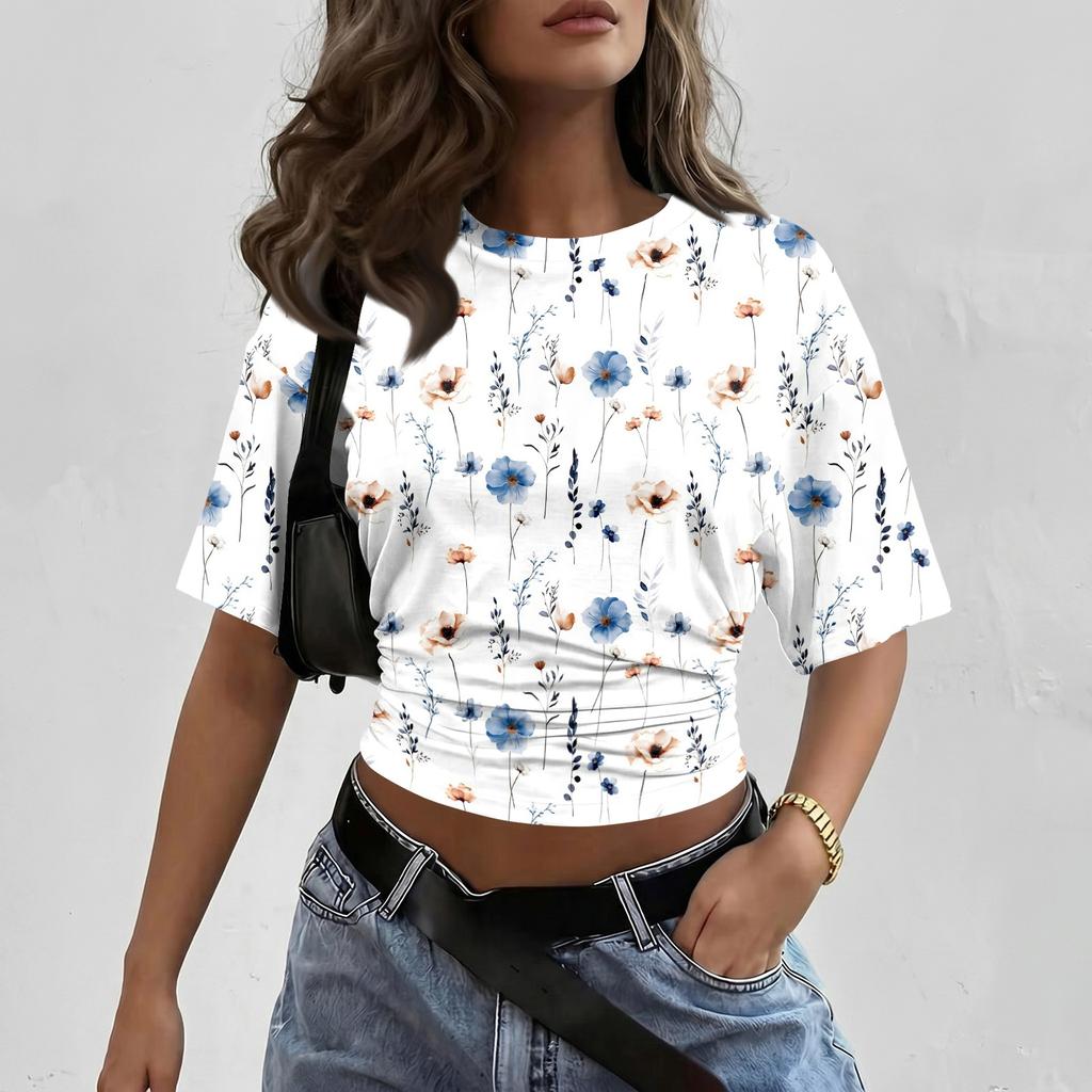 Women Round Neck Pullover Short Sleeve T Shirt Floral Print Loose Fit Casual Top for Everyday Wear