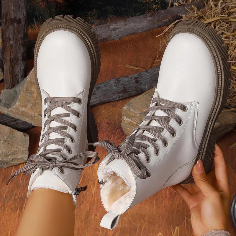 

Autumn Winter Short Plush Ankle Boots Women Fashion Lace Up Pu Leather Platform Boots Woman Thick Sole Motorcycle Botas Mujer 42 42