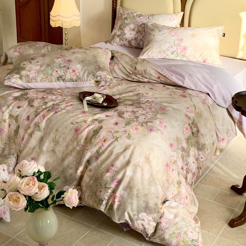 French Pastoral Oil Painting Style 100S Pure Cotton Satin Long-Staple Cotton Four-Piece Digital Printing Bedding