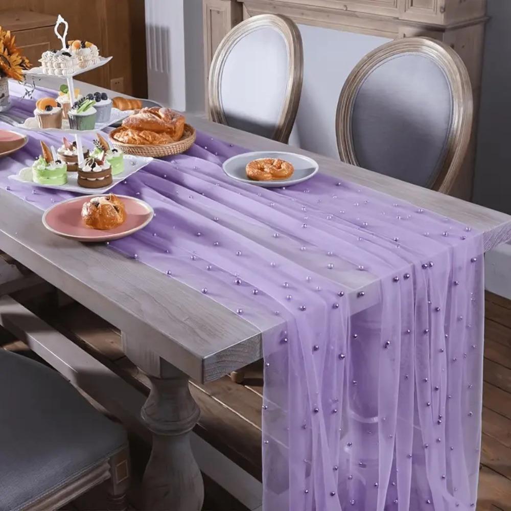 Luxury Pearl Chiffon Runner Semi-Transparent Gauze Tablecloth Dreamy Table Cover Home Decoration