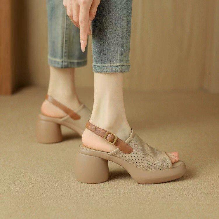 Premium soft leather Roman sandals women's 2025 new summer women's shoes fish mouth platform muffin shoes versatile high heels