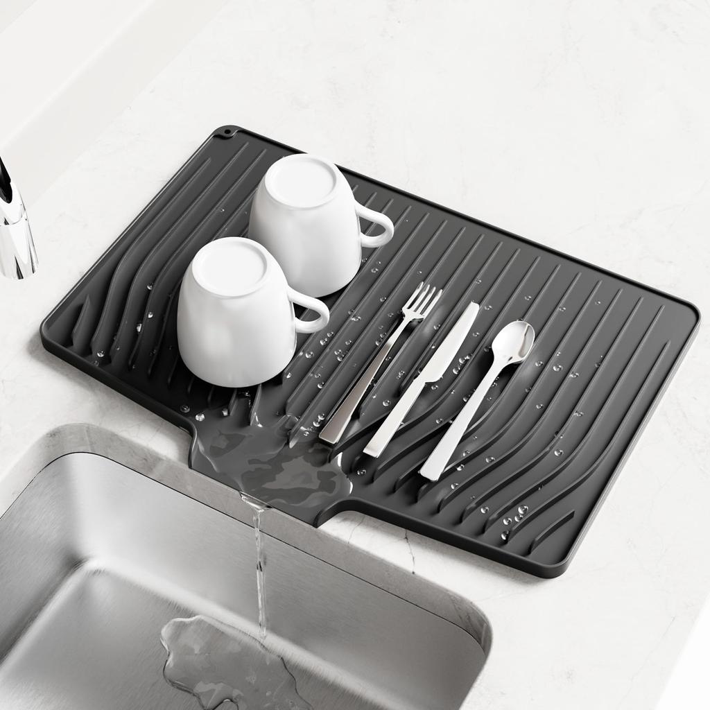 Tapete Secador de Louça para Cozinha, Silicone, Design Inclinado, Antibacteriano, Secagem Rápida, Antiderrapante, Resistente ao Calor, Fácil de Limpar (Preto, 37 x 30 cm)