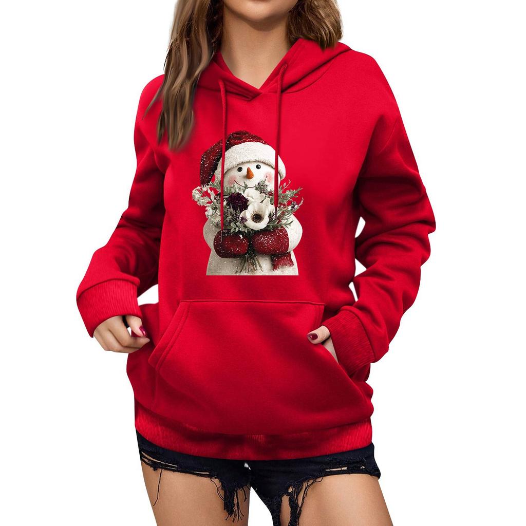 Women's Winter Christmas Printed Pullover Hooded Sweatshirt Fleece Long Sleeve Sweatshirt