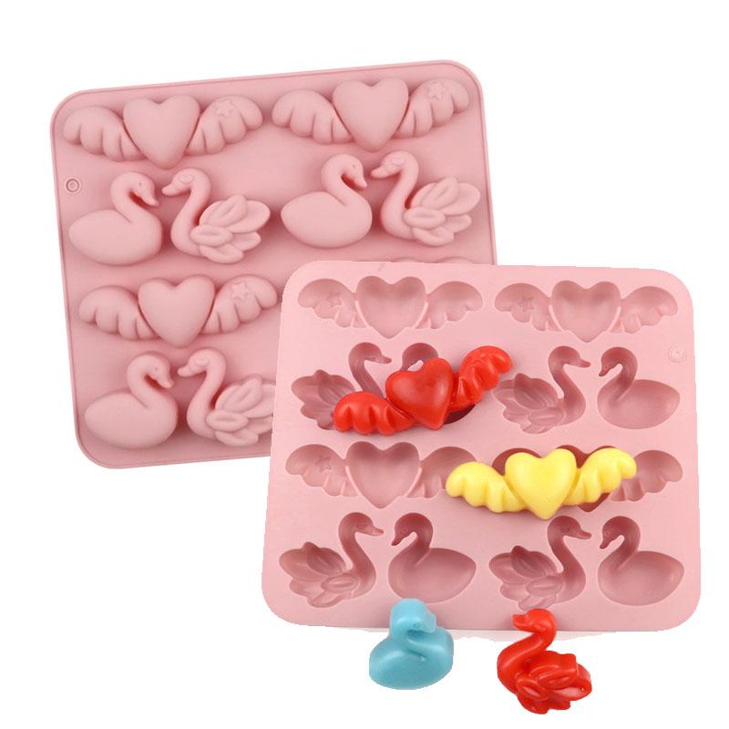 Swan Silicone Mold For Valentine's Day Love Heart Angel Wings Chocolate Candy Gummy Ice Cube Tray Cake Decorating Kitchen Tools