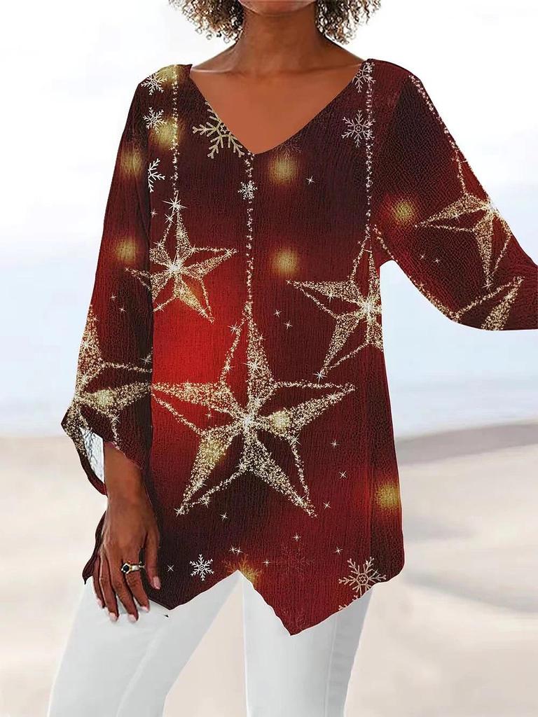2024 Women's Plus Size Casual V-Neck Long Sleeve Printed Top