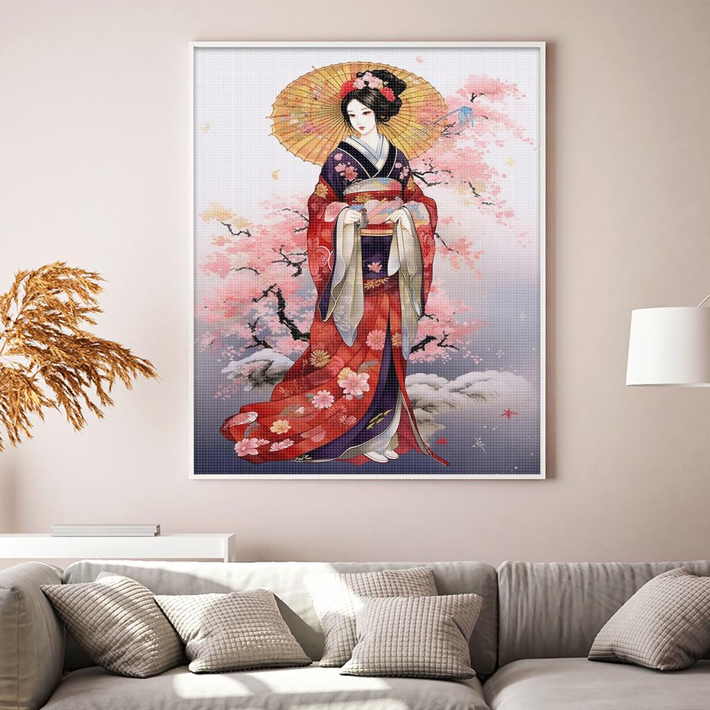 Geisha Full 11CT DIY Stamped Printed Cross-Stitch Kits for Beginners Adults Home Decor Cross Stitch Art and Crafts Kits 40x50cm
