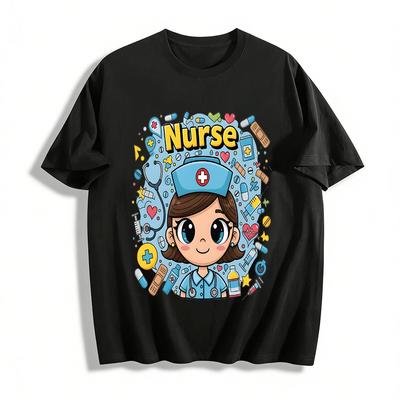 Cute Nurse Themed Print Casual T-Shirt For Medical Workers Pure Cotton T-shirt