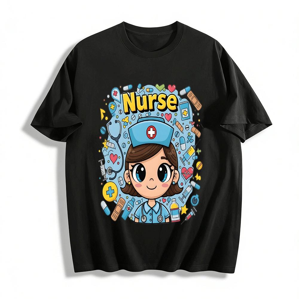 Cute Nurse Themed Print Casual T-Shirt For Medical Workers Pure cotton T-shirt XXS