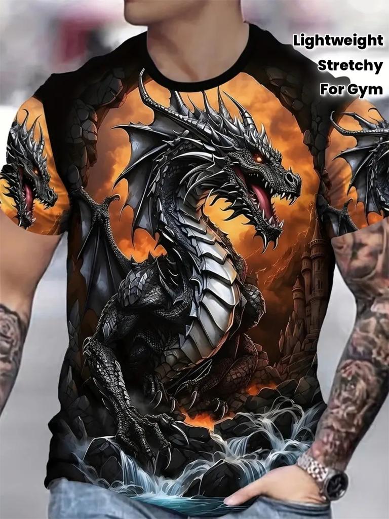 Men's Orange Dragon Graphic Tee Lightweight Stretchy Gym Casual Wear