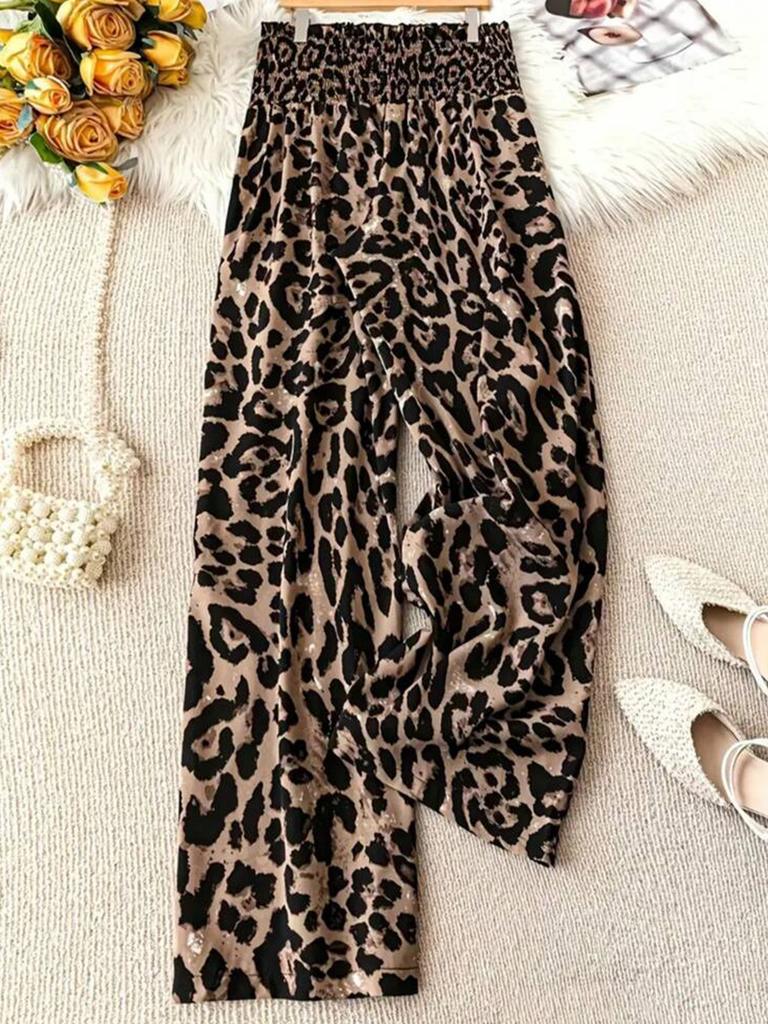 Oversized Leopard Print Casual Straight Leg Pants for Women with Elastic Waist