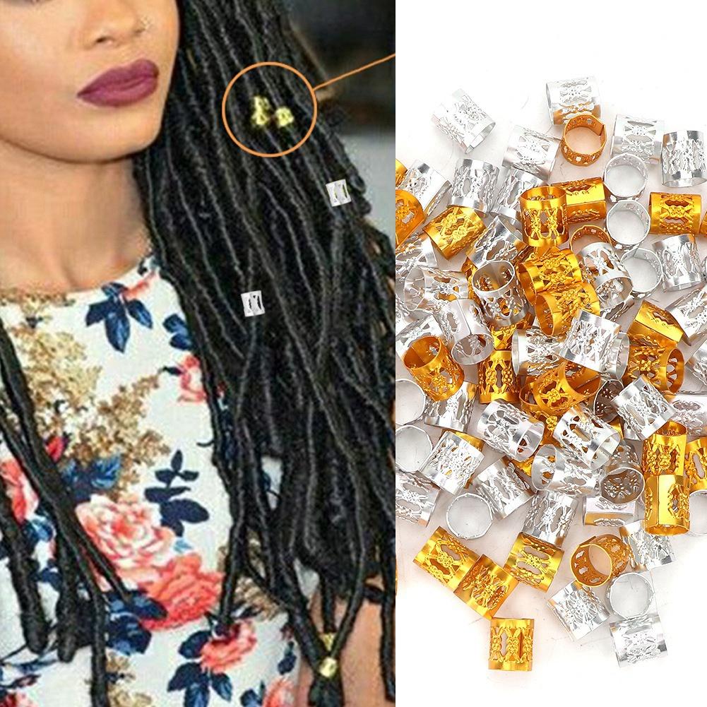 100Pcs Adjustable Dreadlocks Hair Braid Beads Cuffs Hair Decoration Wig Accessories Gold+Silver