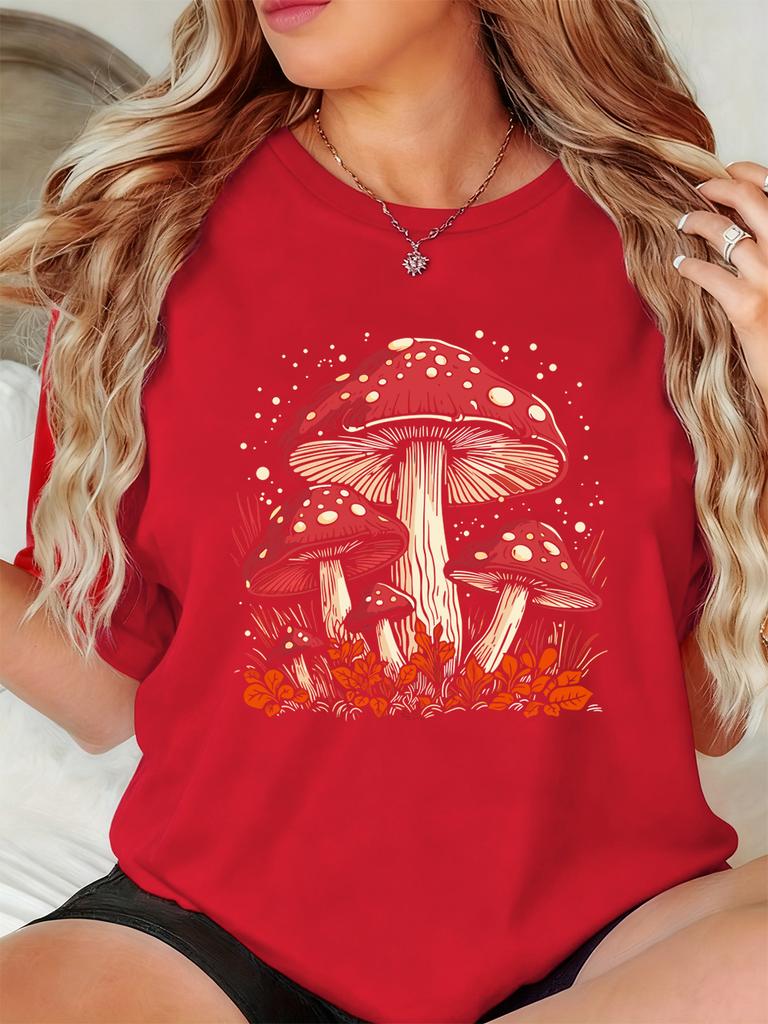 Red Mushroom Personality Prints TShirts Women Summer Short Sleeve Tops ONeck Soft T Shirt Basics Comfortable Womans Clothes