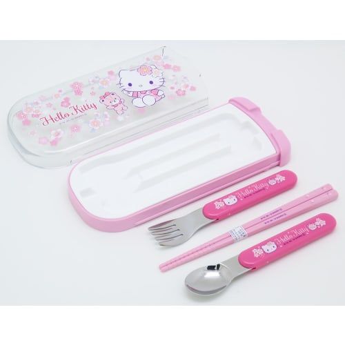 OSK Cutlery Set, Hello Kitty Sakura Design, with Pull-Lid Trio, Chopsticks, Spoon, and Fork, Made In Japan, Sliding Design, Dishwasher Safe, Easy To U