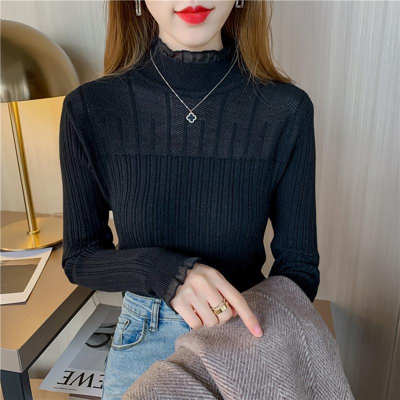 Autumn and Winter Semi -high -necked Lace Female Bottoming Shirt Fashion Foreign Black Slim Knitted Long -sleeved Top