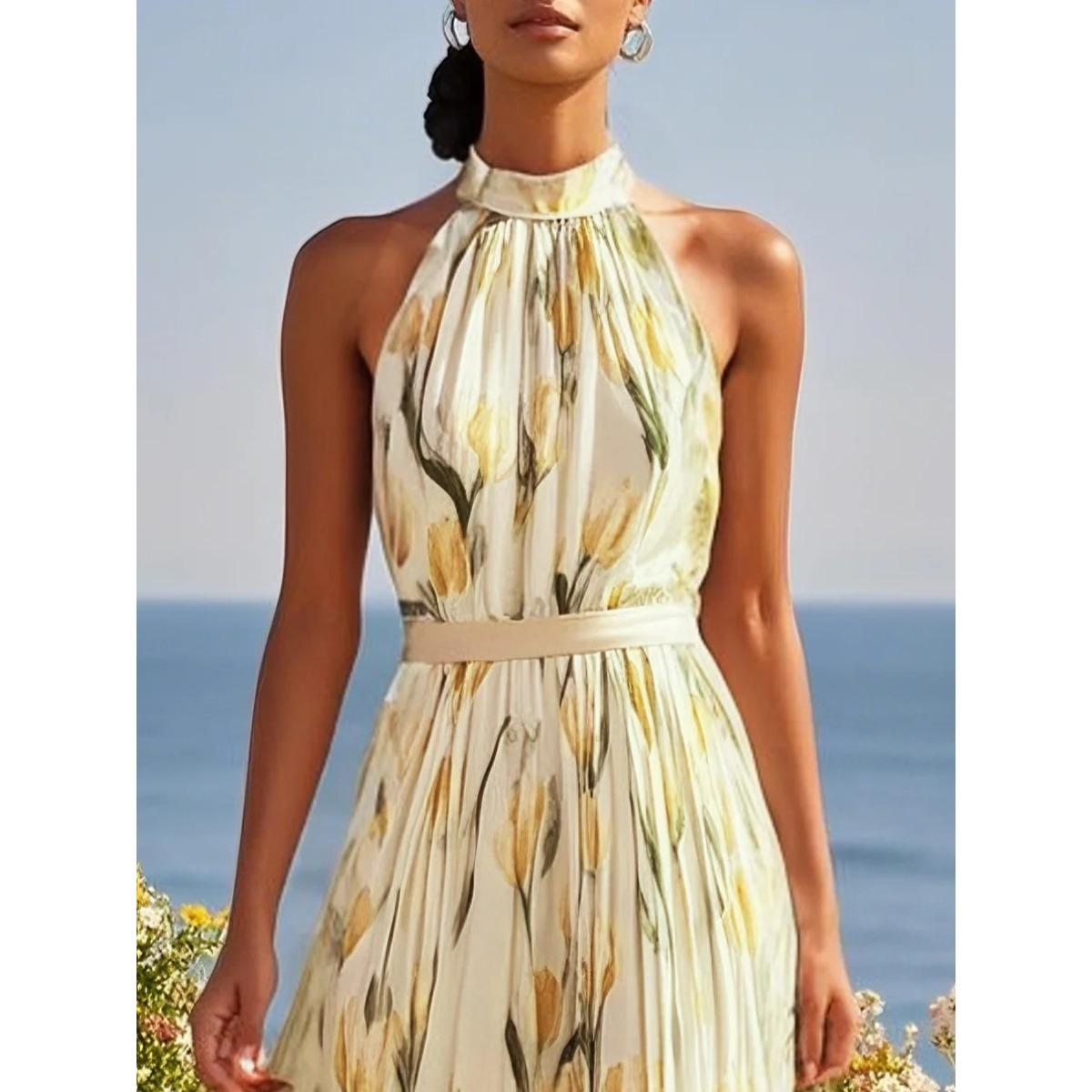 Women s Halter Neck Sleeveless Floral Print Maxi Dress High Waist Elegant Vacation Dress S