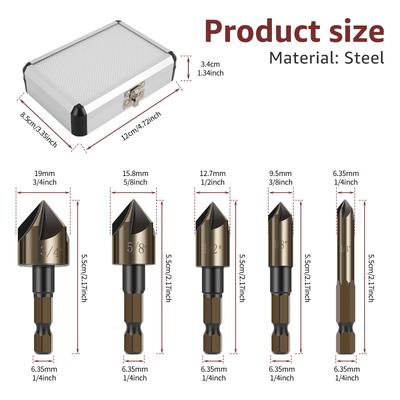 5Pcs 82 Degree Countersink Drill Bit Set Taper Hole Cutter Deburring Chamfering Trimmer Tool 1/4" 3/8" 1/2" 5/8" 3/4" for Metal
