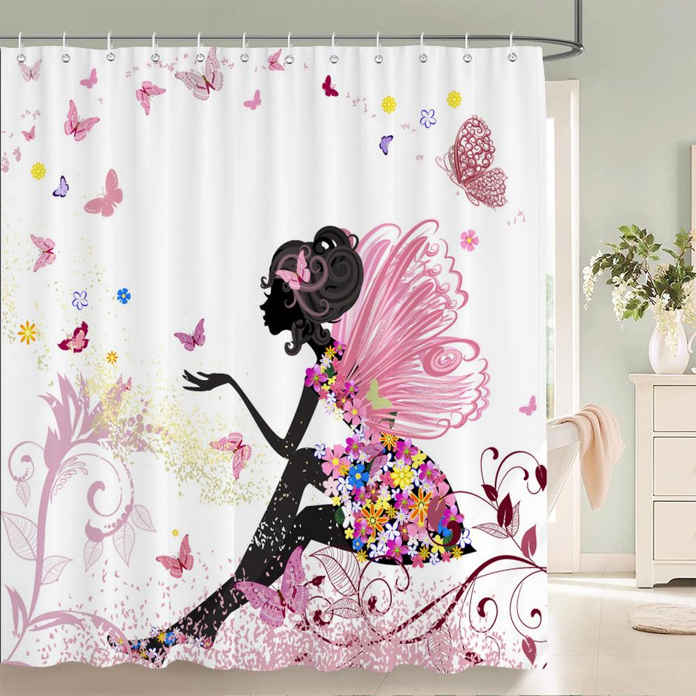 Flower Butterfly Girl Shower Curtain Waterproof Bathroom Lovely Woman Fairy Shower Curtain Polyester Cloth Home Decor Hook