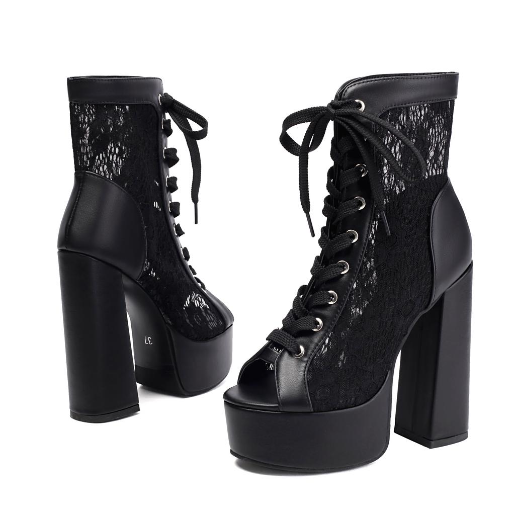 Comfortable Block Heel Sandals Women Platform Summer Shoes Lace Up Peep Toe Sexy Mesh Ankle Boots Walk Wear