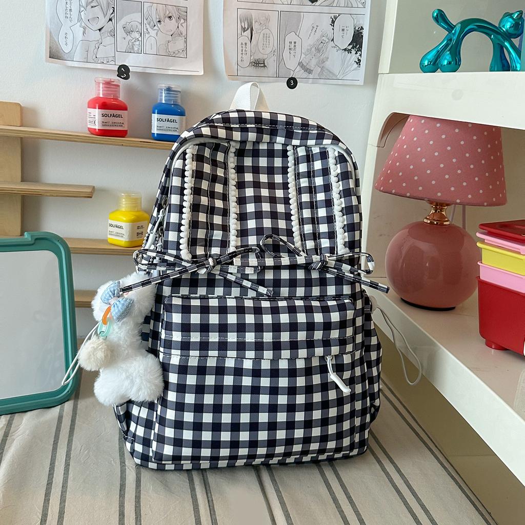 Schoolbag Fresh Light Blue Plaid Bow Girl Heart Backpack Primary School Students Literature Class Shopping Travel Versatile Schoolbag