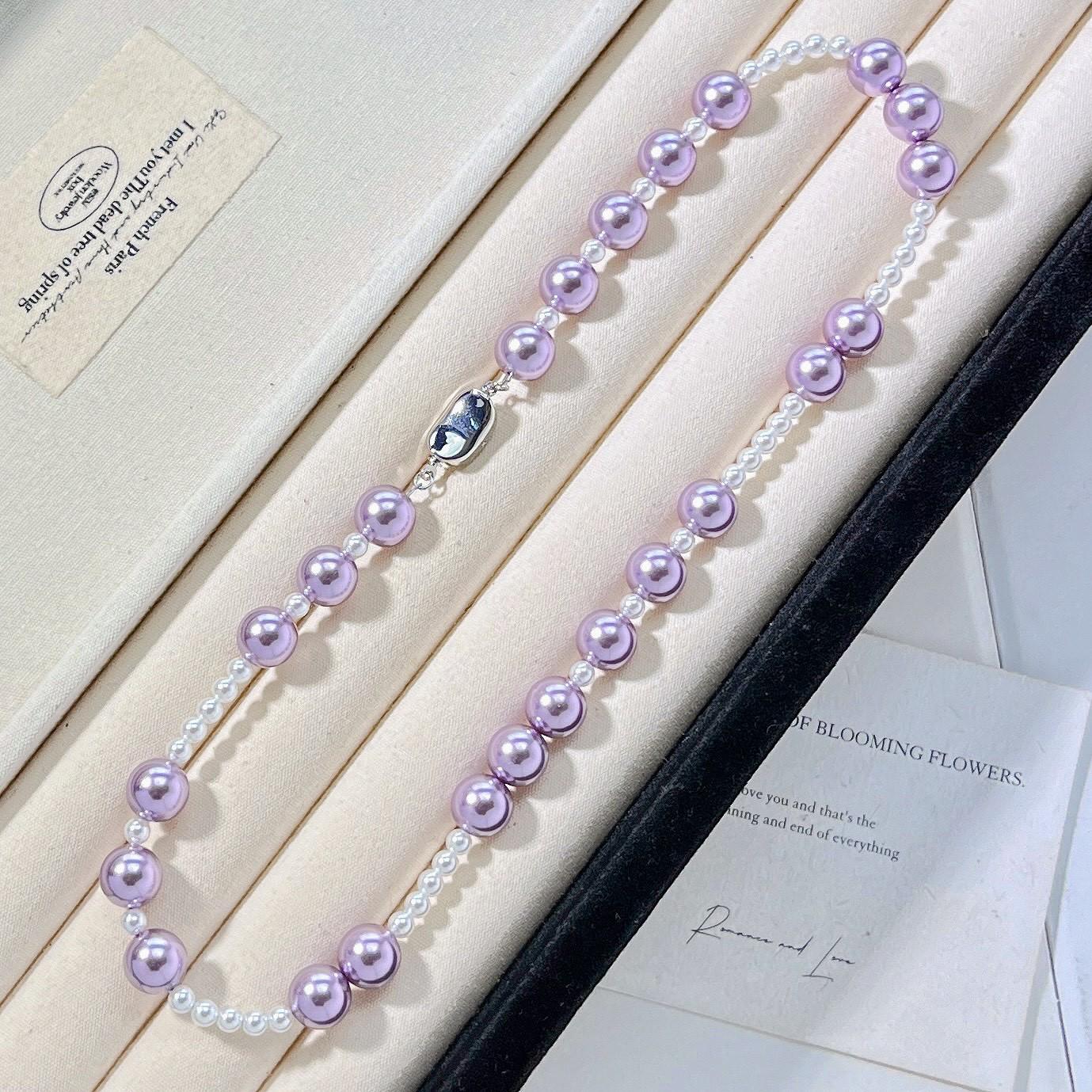 Highlight Purple Mixed Color Faux Crystal Pearl Design Necklace Clavicle Chain Sweater Chain
