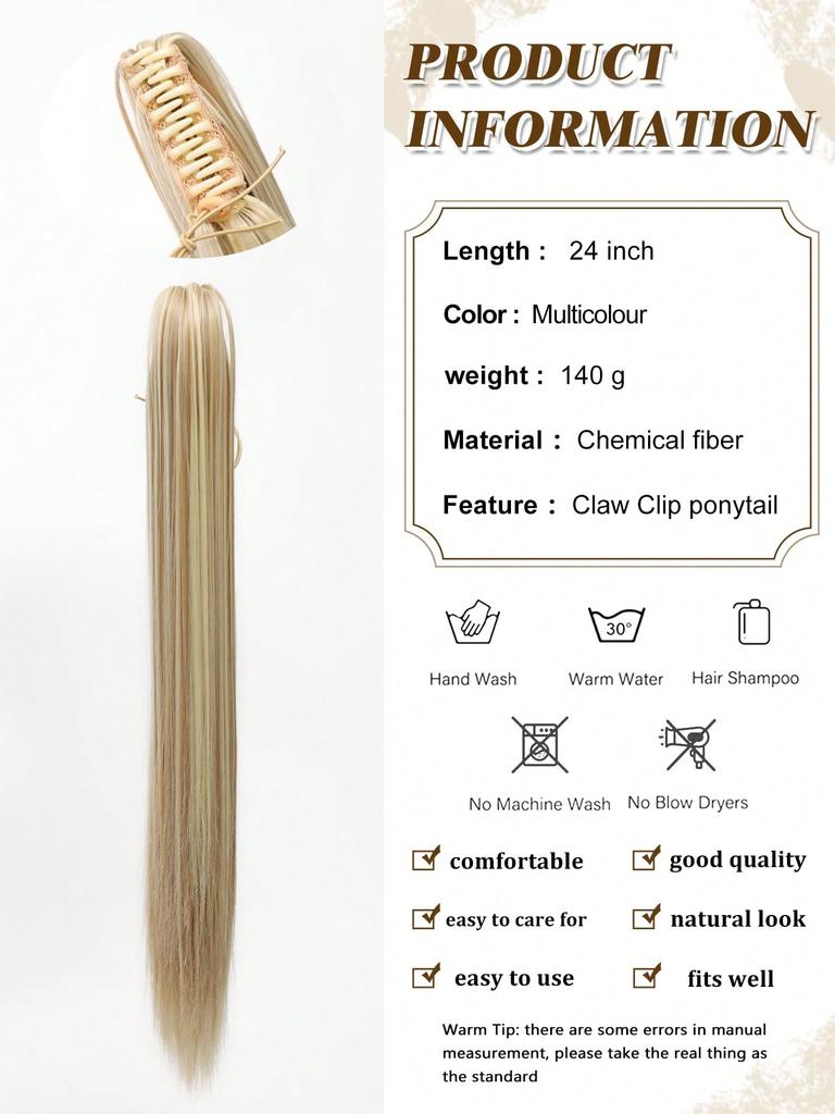 Synthetic Hair Extensions 24 Inch Long Straight Claw Clip Ponytail Wig Suitable For Women's Daily Party Use