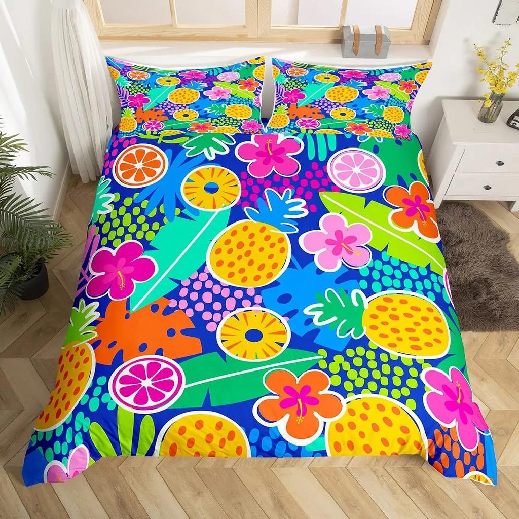 Rainbow Duvet Cover Kawaii Tropical Fruits Bedding Set Pineapple Lemon Doughnut Orange Strawberry Comforter Quilt Cover Set