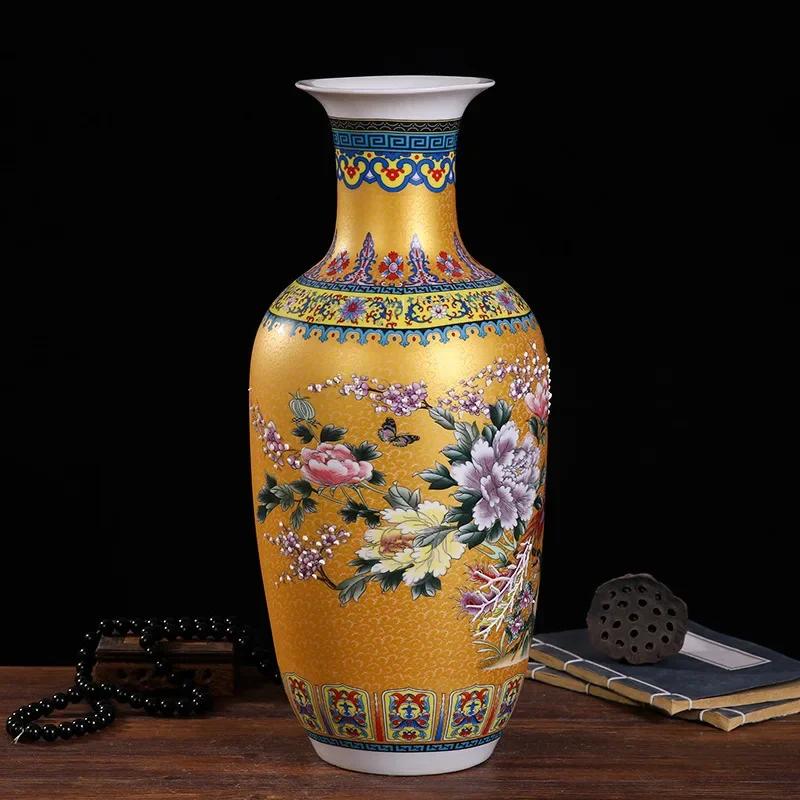 Jingdezhen Ceramic Vase Enamel Lucky Bamboo Aquatic Flower Container Living Room Modern Bottle Decoration Large
