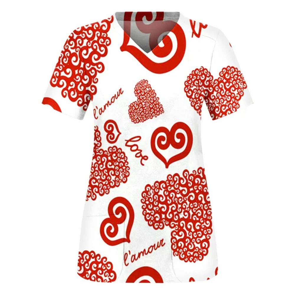 Women Valentines Day Ladies Nurse Uniform Love Print Gradient Short Sleeve Pocket Work Shirt Tunics Carer Medical Nursing Blouse