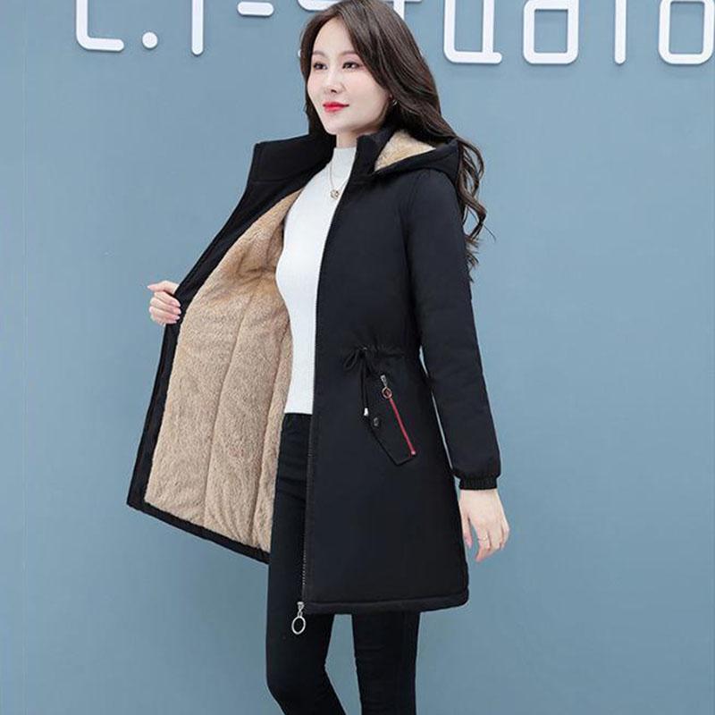 Damen Gepolsterte Jacke Lang Kapuzenparka Übermantel Plus Samt Verdickt Winter Warmer Mantel Weiblich Koreanisch Lässig Baumwollkleidung