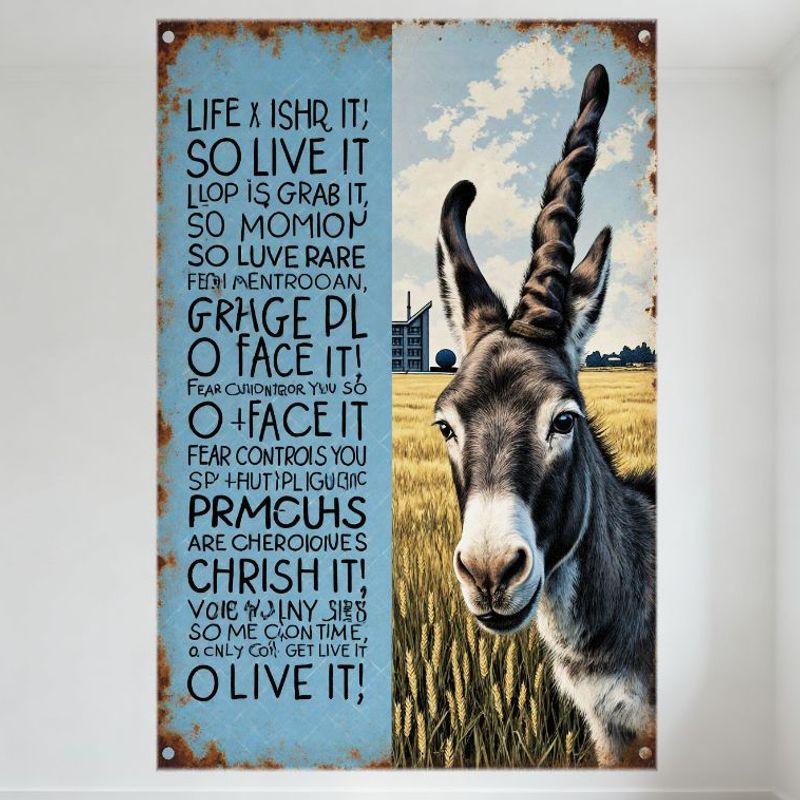 

Vintage Rusted Border Metal Tin Sign Motivational Donkey Art Wheat Field House Background Retro Wall Decor for Home Bar Cafe Man 20x30cm（7.8x11.8inch）