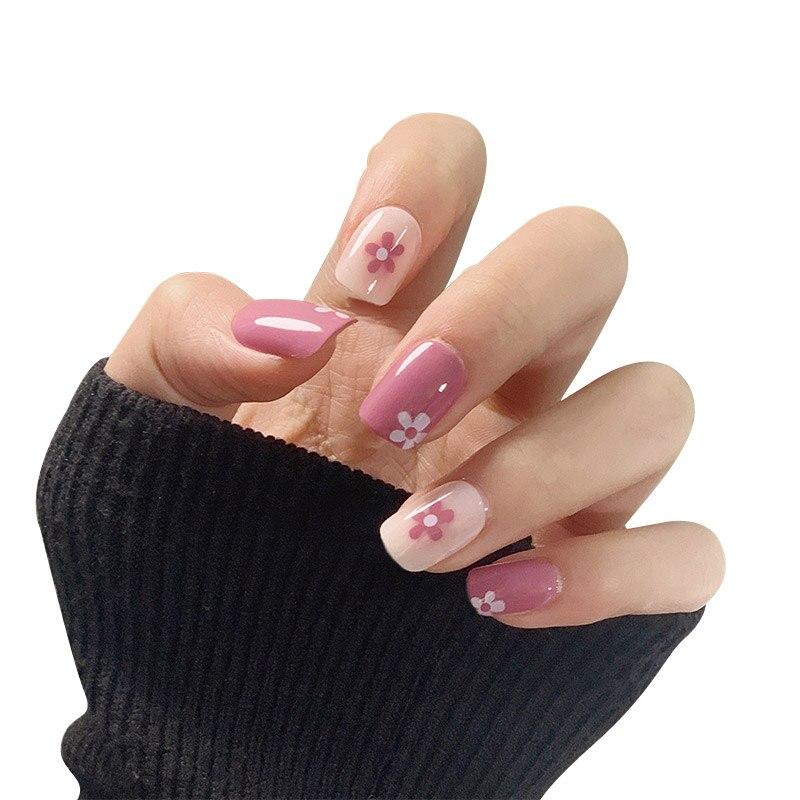 24pcs French False Nails Wave Design Fake Nails Summer Style Gradient False Nail Pink Purple Heart Flower Nail Art Tools
