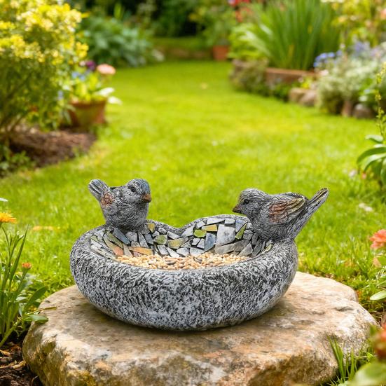 Bird Feeder Resin Garden Birdbath Bowl with Waterproof Design Hand-Painted Stone Texture Decorative for Outside Yard Table Decor