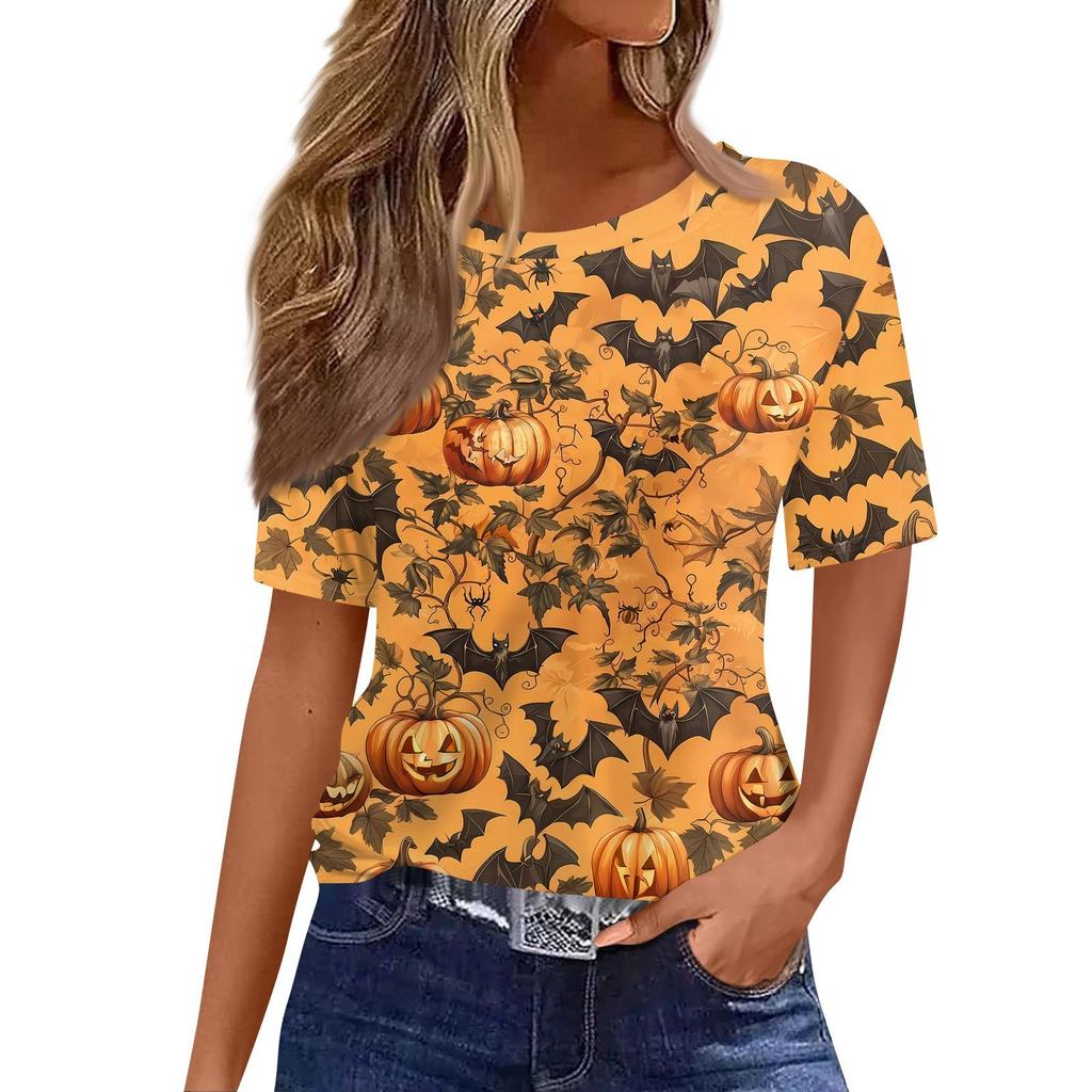 Modisches Lässiges Damen-Pullover-Oberteil mit Kurzarm und Halloween-Print, Rundhals