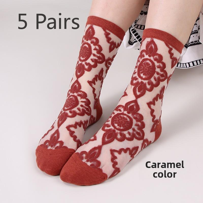 5 Pairs Women's Spring/summer Crystal Silk Midtube Women's Socks Fashion Thin Glass Silk Women's Socks