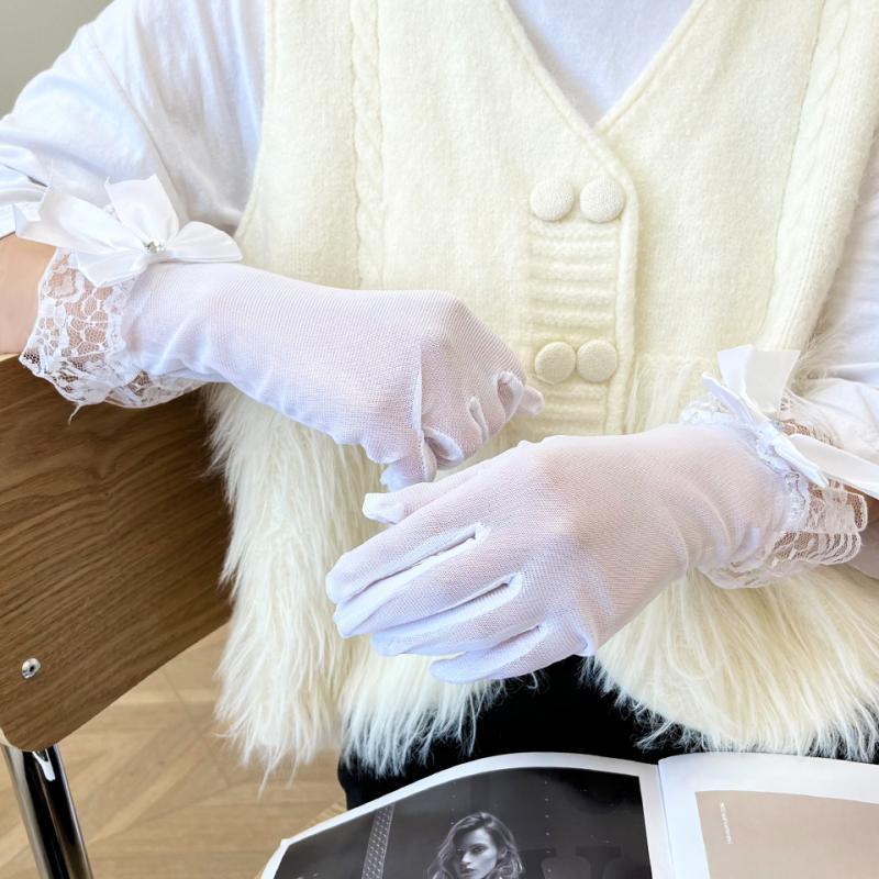 1 pár Dívčí průsvitné síťované rukavice s krajkovým lemem, Sladká mašle s mašlí, Tenké poloprůhledné rukavice, Lolita styl tylové rukavice, Banketní etiketa dekor