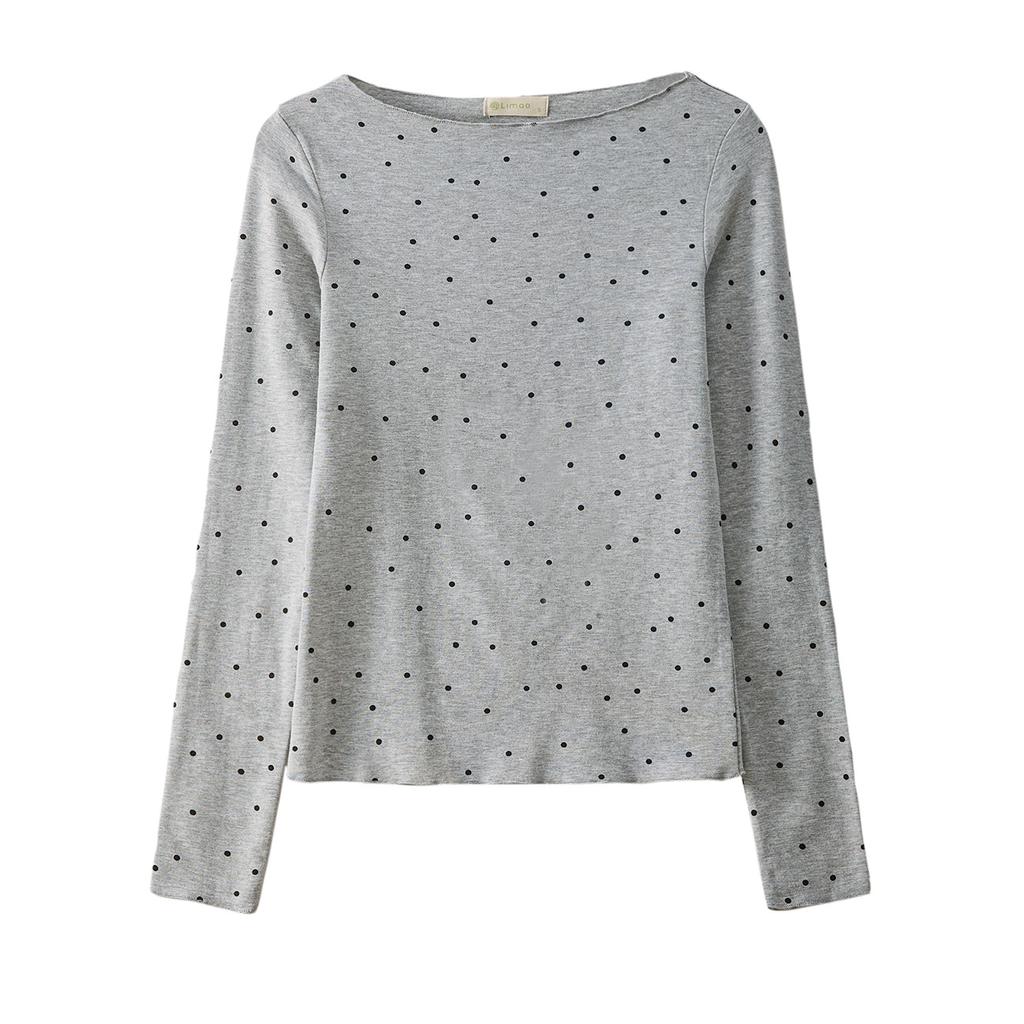 Slightly Curled Edge-reducing Age-reducing Polka Dot T-shirt for Women for Women's Long-sleeved Autumn New Retro Base Shirt Top