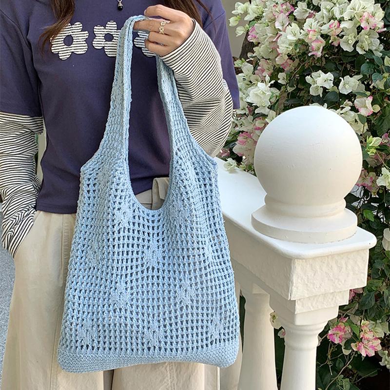 Yogodlns Korean Style Hollow Out Knitted Weave Bag Solid Color Vacation Style Knitted Shoulder Bag Handbag Braided