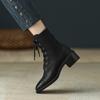 2024 New Cross-Tied Women Short Boots Autumn Winter Genuine Leather Office Lady Square Toe Side Zipper Shoes Woman Ankle Boots