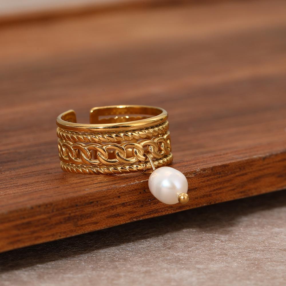 Stainless Steel Geometric Open Ring with Freshwater Pearl - Fashionable and Versatile Design