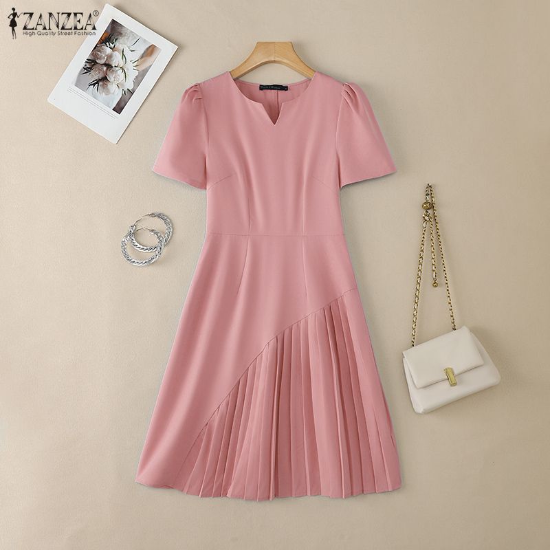ZANZEA Abito casual da donna a maniche corte con scollo a V tinta unita