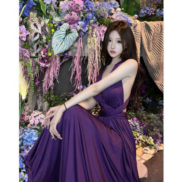 

Elegant Purple Halter Neck Backless Maxi Dress – Perfect for Birthdays, Social Events, and Weddings with a Tie-Up Skirt. Small виноградный/фиолетовый