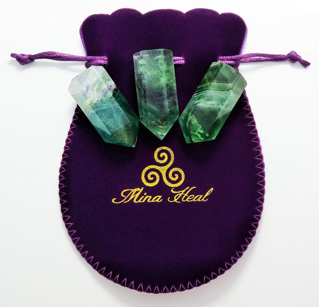 A Set of Three Green Fluorite Crystal Perfect for Good Chakra and Energy Recommended by Small-sized Wands, Luck, Meditation, Strengthening, Healing.