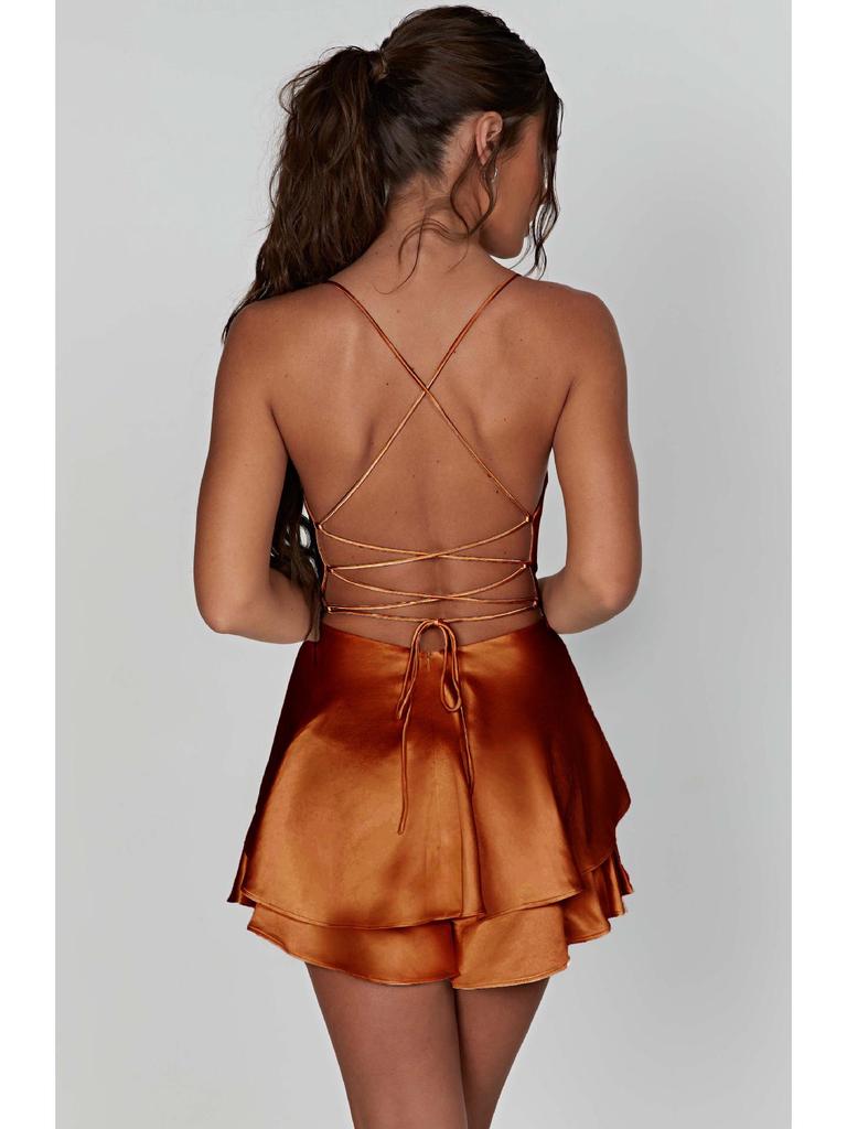 2025 Summer Sexy Pleated Backless Satin Camisole Dress for Women