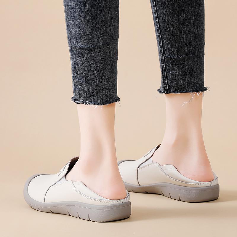 Genuine Leather Women's Flats 2 In 1 Casual Shoes Ladies Elastic Walking Shoes Slip-on Loafers Round Toe Slippers Waterproof Working Shoes