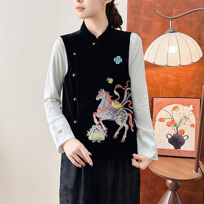 

2026 Year of the Horse Silk Velvet Embroidered Gilet - Early Spring Chinese Style L чорний